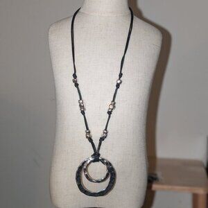 NEW St. Thomas Long Black Knotted Cord Metal Bead Double circle Pendant Necklace
